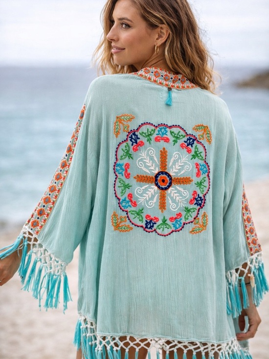 Z&L Europe Sweaters - ✨ Z&L Europe Embroidered Boho Kimono Cardigan – Fringe Tassel Detail ✨